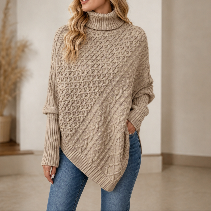 Cable-Knit Turtleneck Poncho Sweater