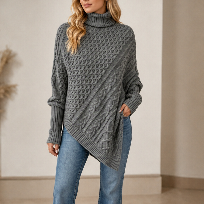 Cable-Knit Turtleneck Poncho Sweater