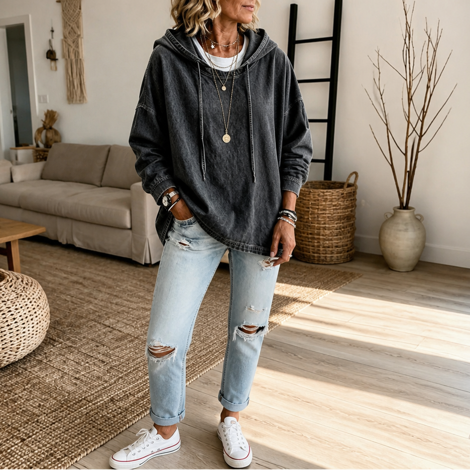 Dark casual hoodie with drawstring hood and front kangaroo pocket, long sleeves