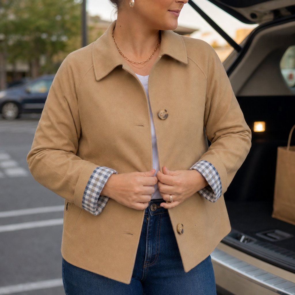 Beige raglan casual coat with notch collar, button front, and plaid-lined cuffs