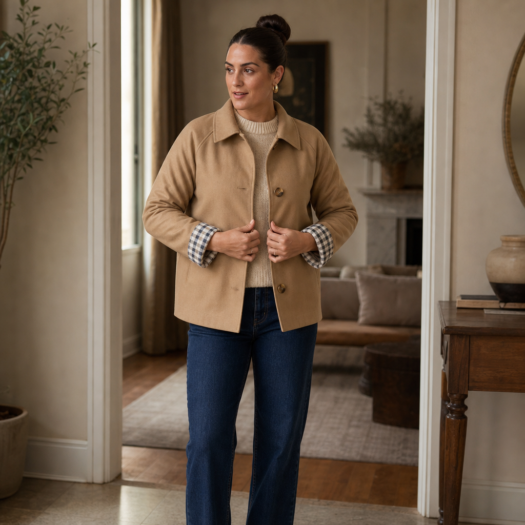 Beige raglan casual coat with notch collar, buttons, and plaid-lined sleeves