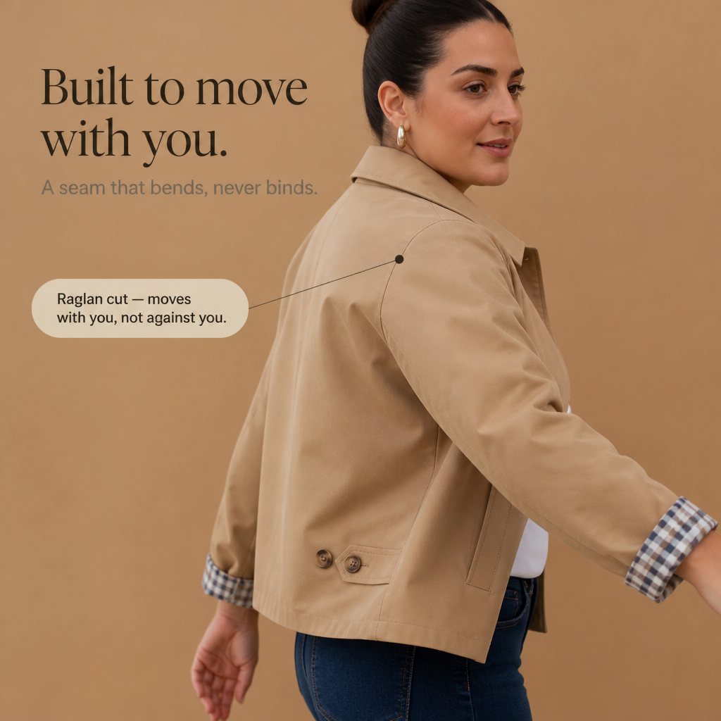 Beige raglan casual coat sleeve with plaid cuff and buttoned front detail