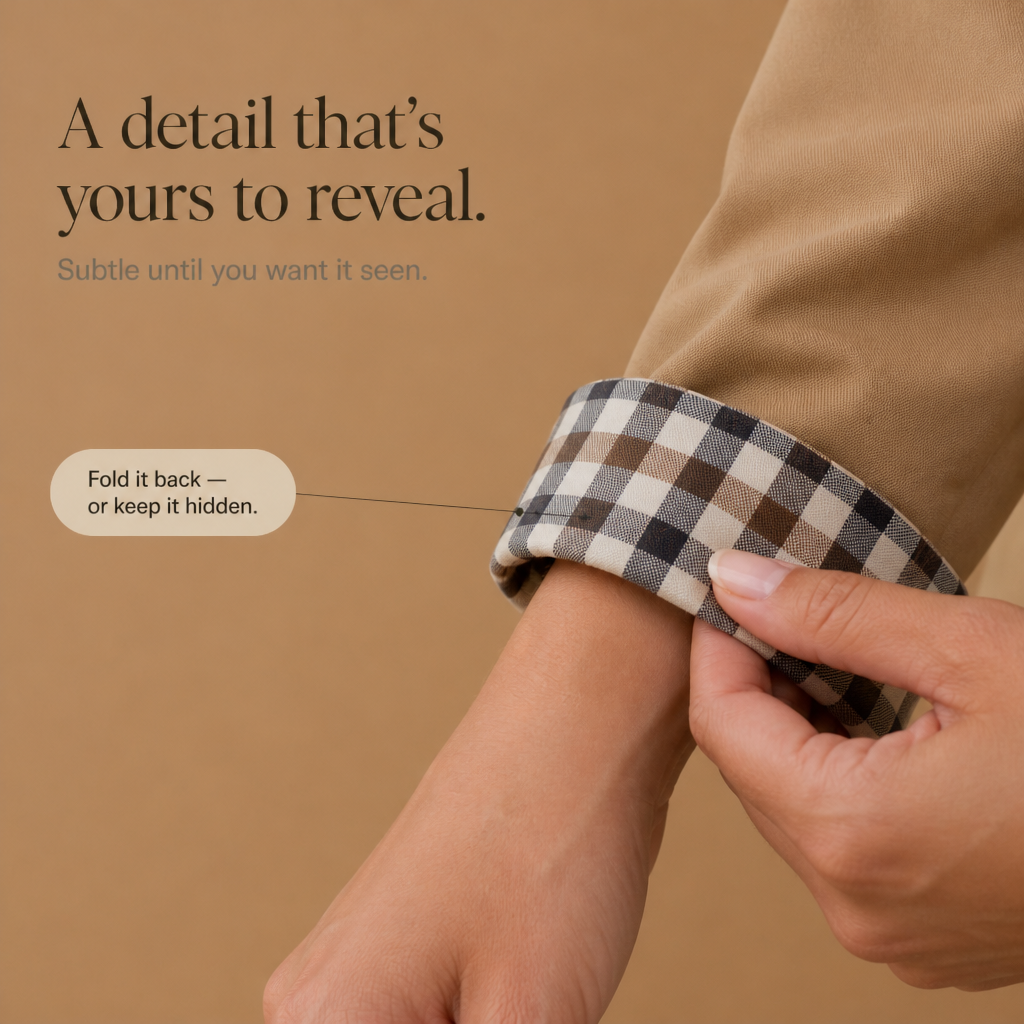 Beige coat cuff with plaid lining, shown folded at sleeve edge
