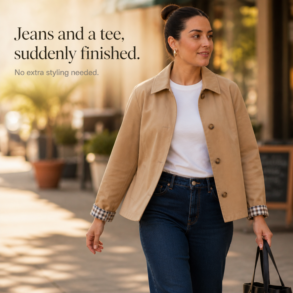 Beige raglan casual coat over white top, with button front and plaid cuffs