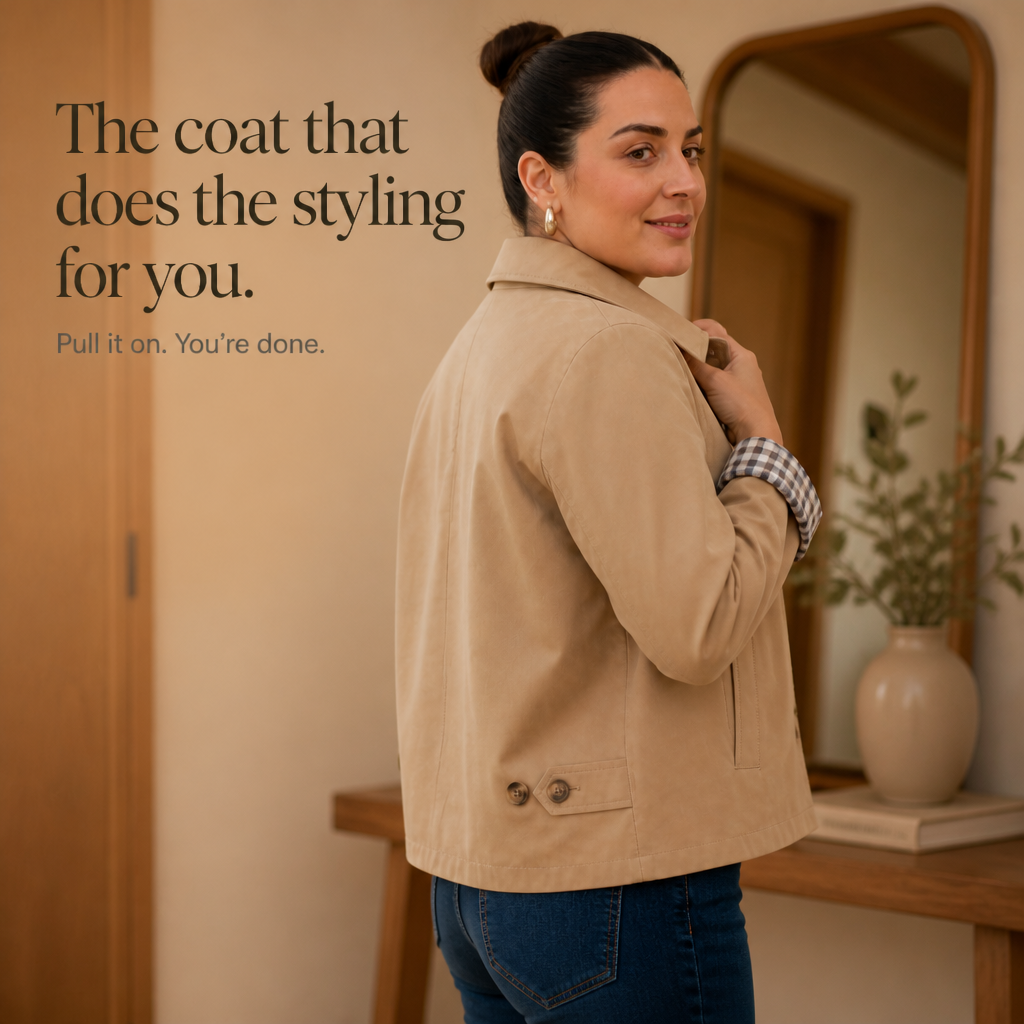 Beige raglan casual coat from the side, showing plaid-lined cuff and buttons