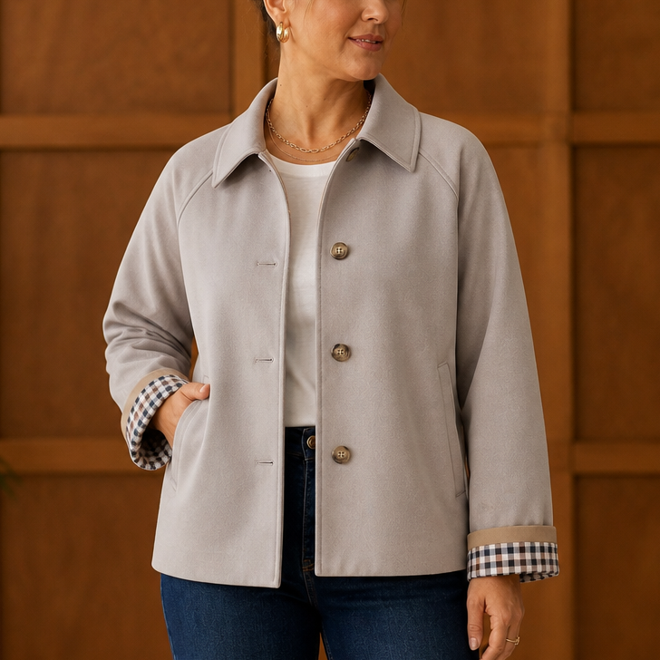 Light gray raglan casual coat with button front and plaid-lined cuffs