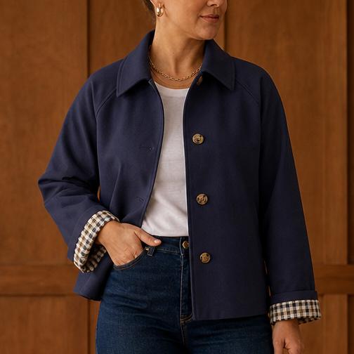 Navy raglan casual coat with button front, turn-back collar, checked lining cuffs