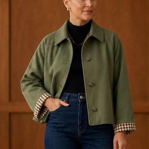 Olive green raglan casual coat with button front, turn-back collar, checked lining cuffs