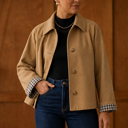 Beige raglan casual coat with button front, turn-back collar, checked lining cuffs
