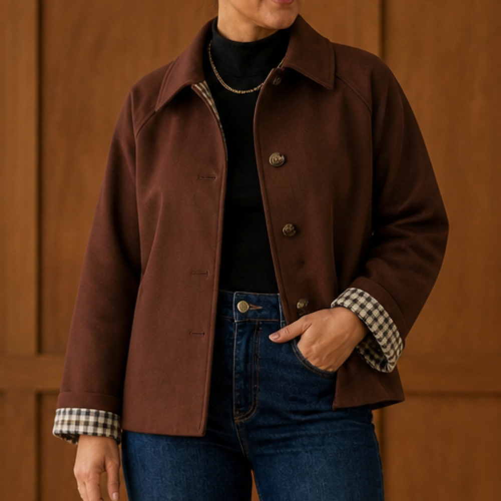 Brown raglan casual coat with button front, turn-back collar, checked lining cuffs