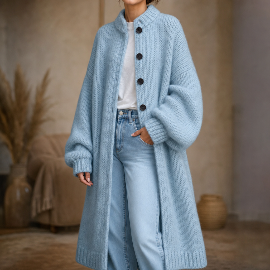 Chunky Knit Below-Knee Button-Front Sweater Coat