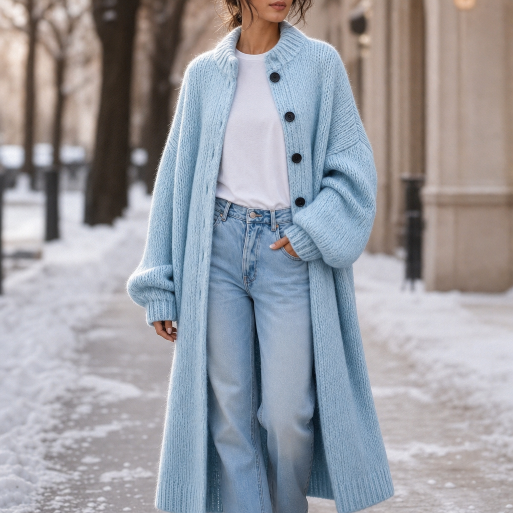 Chunky Knit Below-Knee Button-Front Sweater Coat