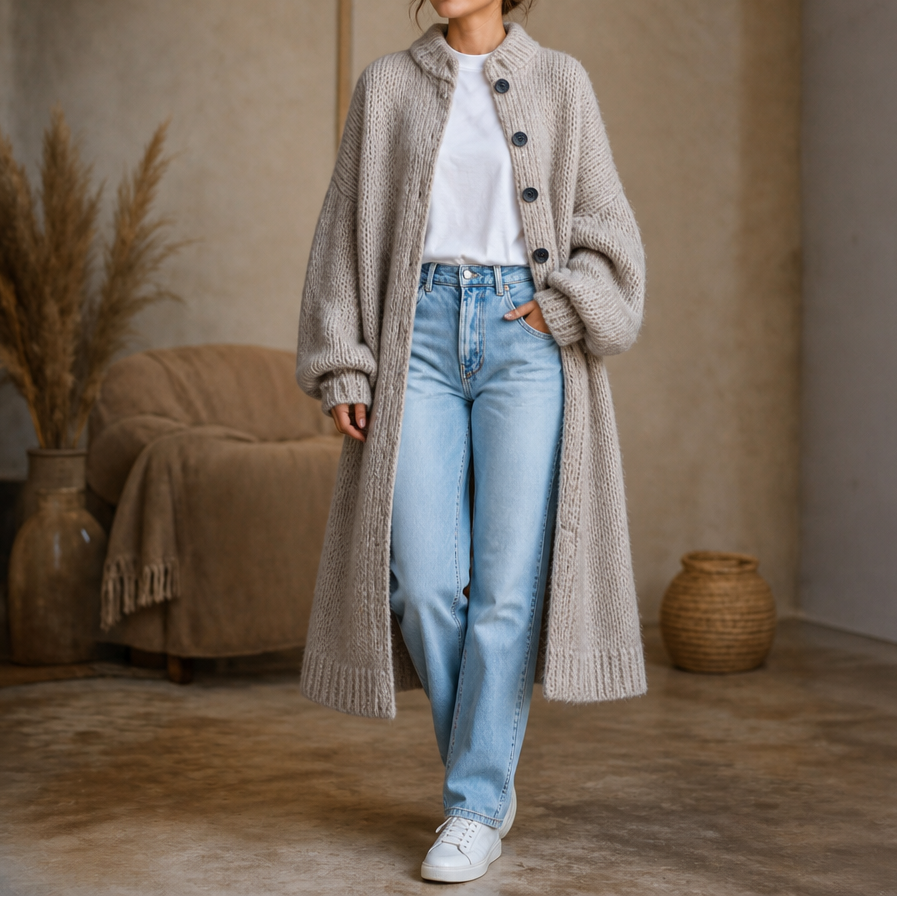Chunky Knit Below-Knee Button-Front Sweater Coat