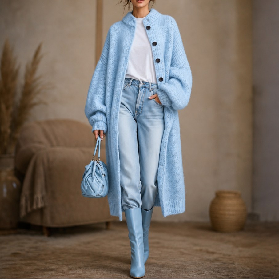 Chunky Knit Below-Knee Button-Front Sweater Coat