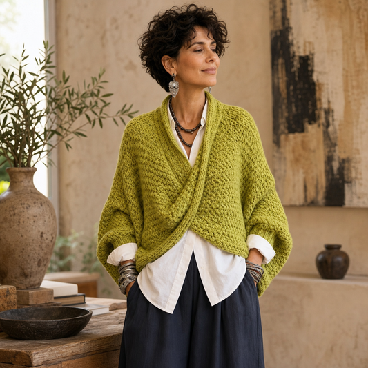 Green chunky knit crossover sweater with a deep V-neck and relaxed fit