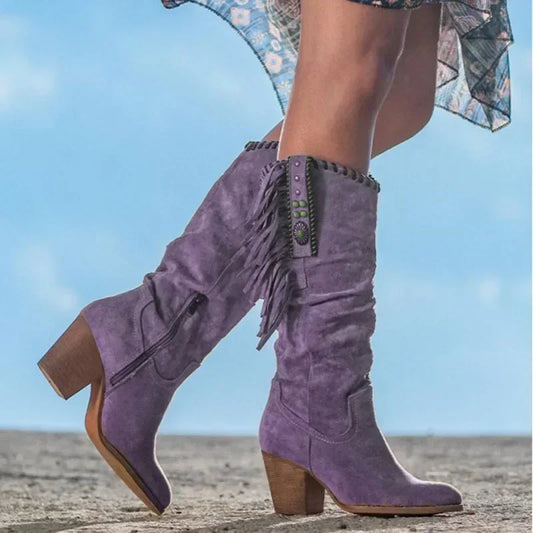 Purple suede knee-high block heel boots, western strap with tassel detail