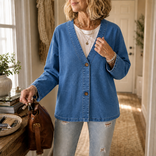Blue denim-look button-down cardigan with V-neck, long sleeves, button front
