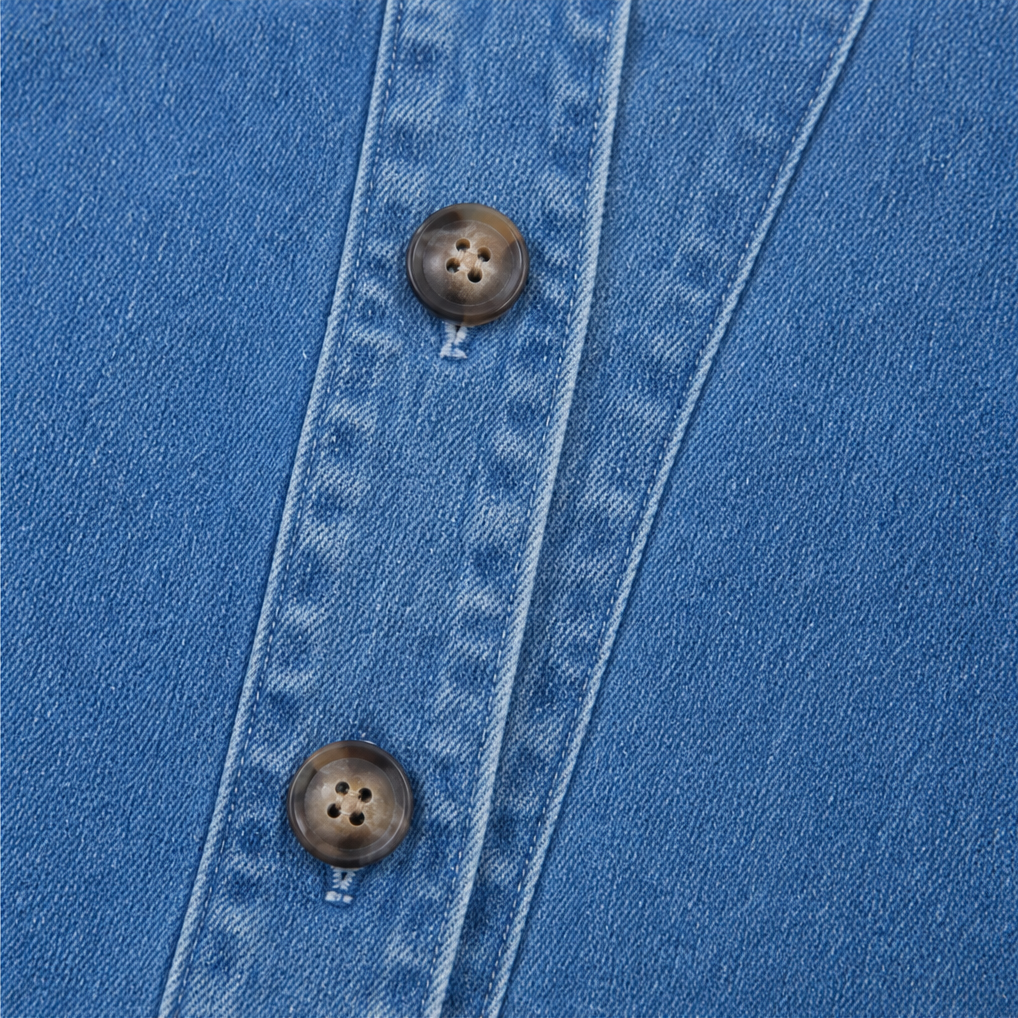 Collarless Soft-Denim-Look Button-Down Cardigan