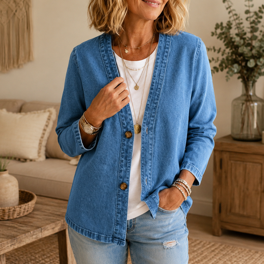 Blue denim-look collarless button cardigan with long sleeves and front buttons.