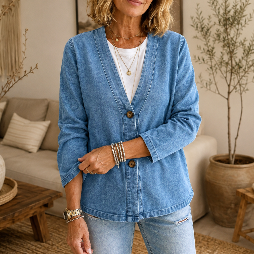 Collarless Soft-Denim-Look Button-Down Cardigan