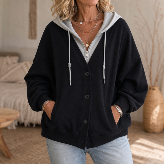 Black color-block hoodie with gray faux V-neck layer, button front, and long drawstrings