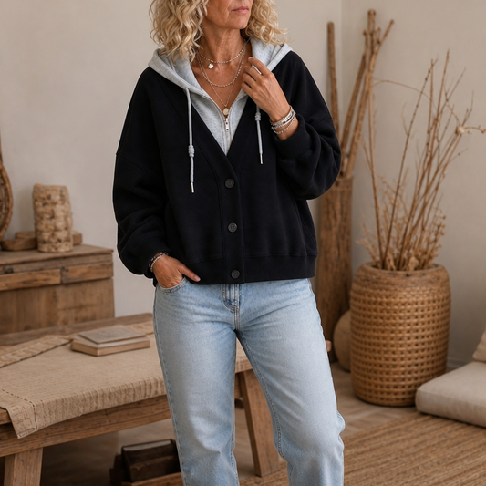 Black faux-layer V-neck hoodie with hood drawstrings and buttoned front