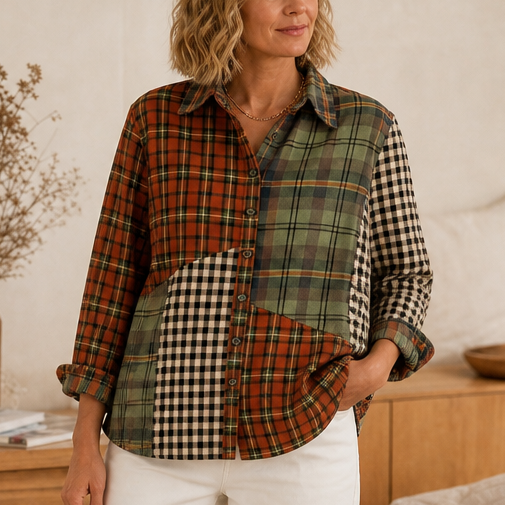 Multi plaid patchwork button-up shirt, long sleeves, button front, chest pocket.