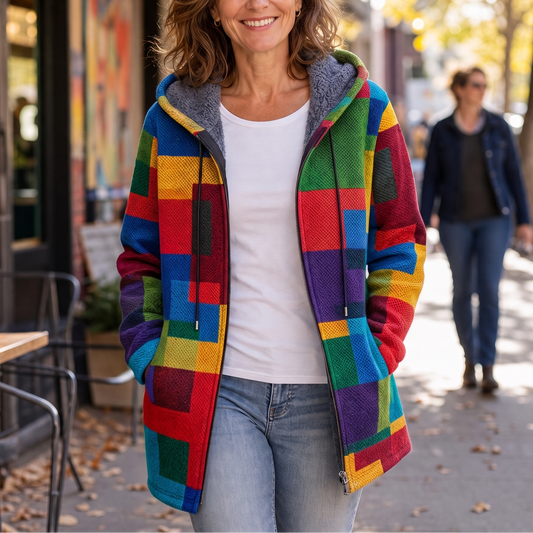 Multicolor patchwork hooded cardigan with full zipper, hood lining, and drawstrings