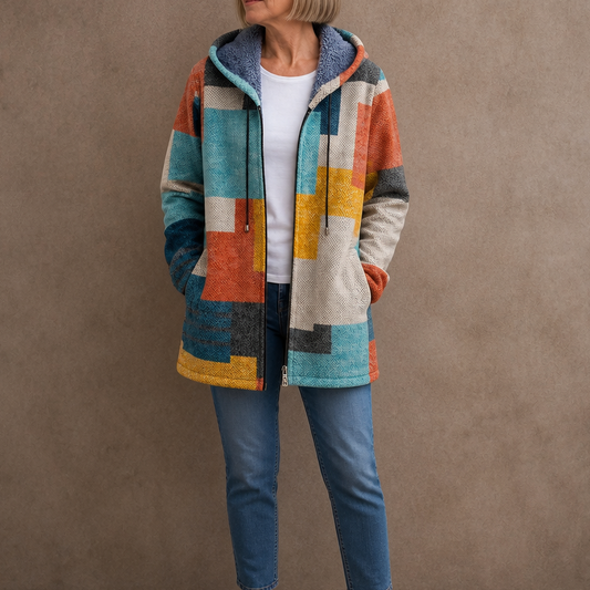 Multicolor patchwork hooded cardigan with front zipper and side pockets, quilted blocks