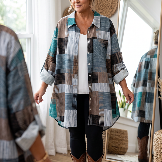 Patchwork plaid button-up shirt with light blue and teal blocks, white and dark accents