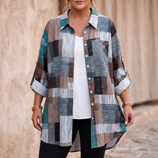 Patchwork plaid button-up shirt with teal, blue, and tan check blocks