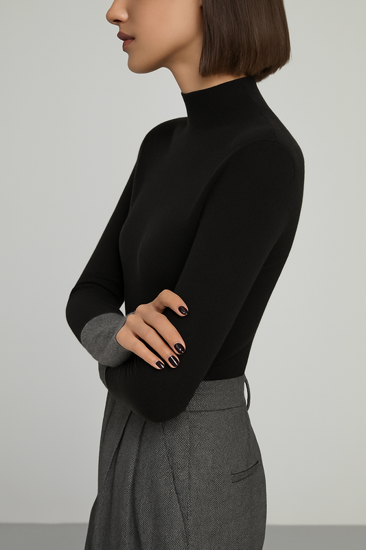 Black long-sleeve high-neck sweater with gray contrast cuff detail