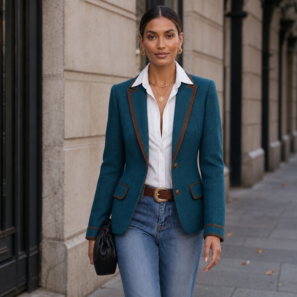 Contrast Piped Herringbone Blend Coat