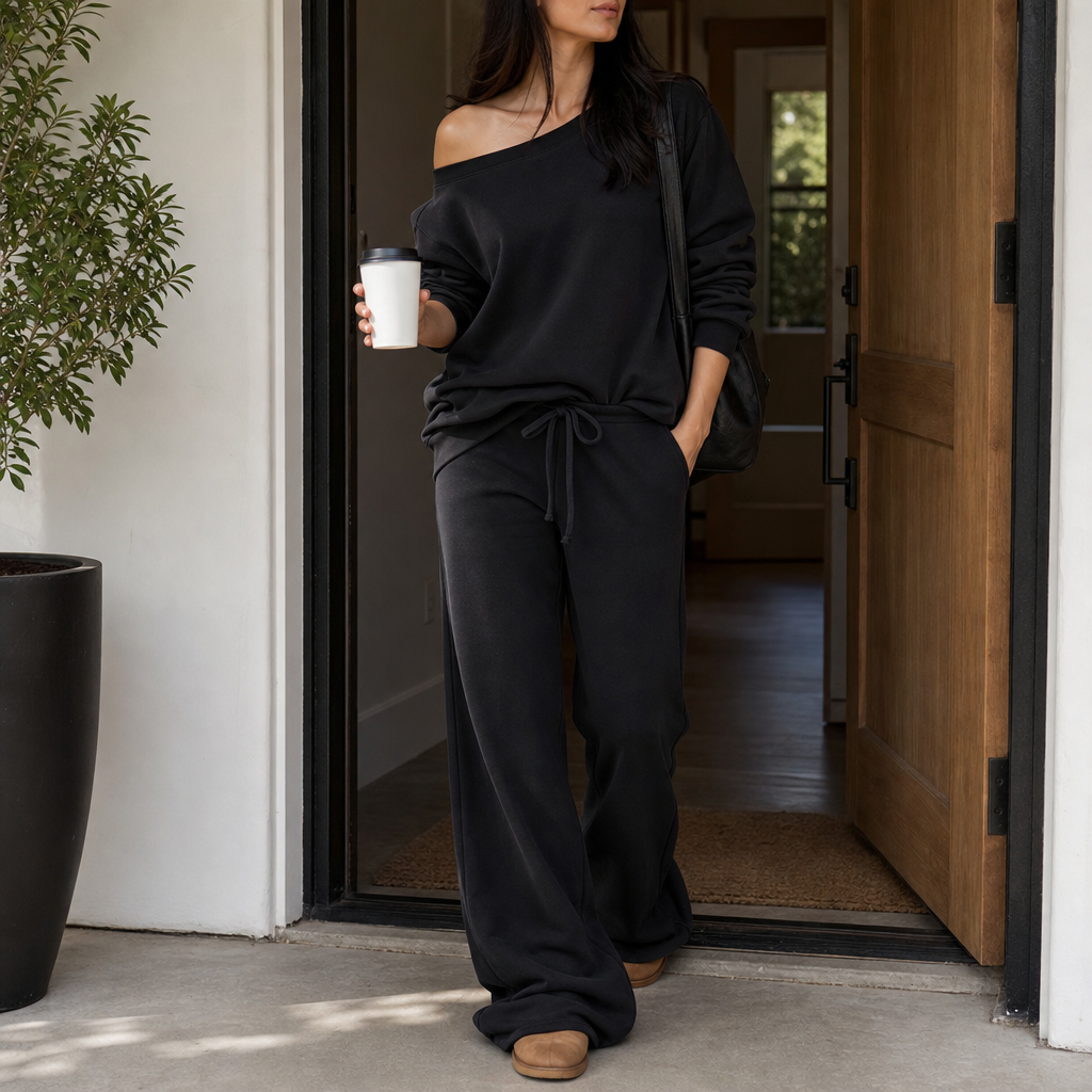 Black lounge set with off-shoulder sweatshirt top and wide-leg jogger pants, drawstring waist.