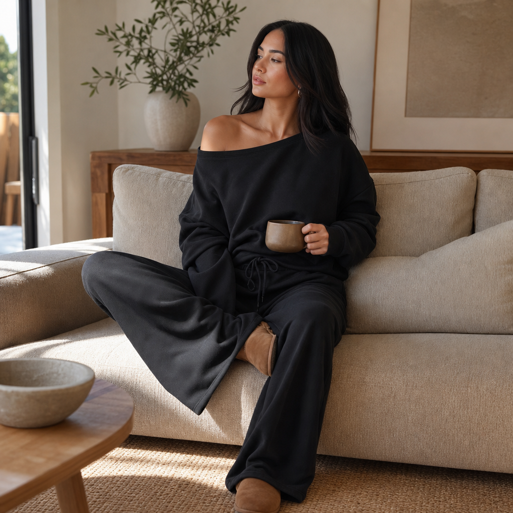 Black lounge set featuring off-shoulder sweatshirt and wide-leg joggers with drawstring.