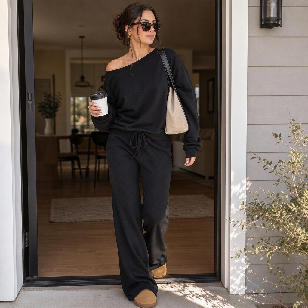 Black off-shoulder sweatshirt and wide-leg jogger pants lounge set with drawstring waist.