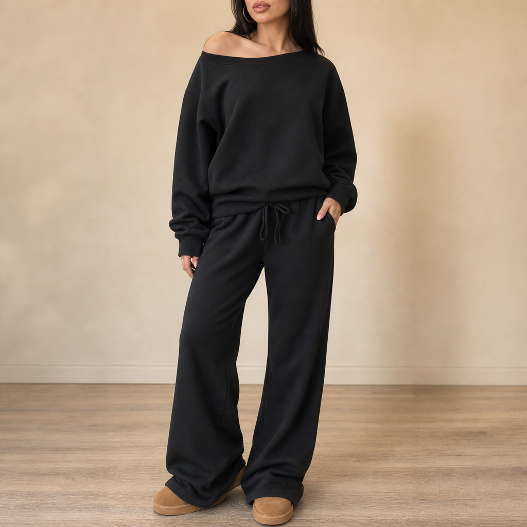Black lounge set: long-sleeve pullover and wide-leg drawstring pants