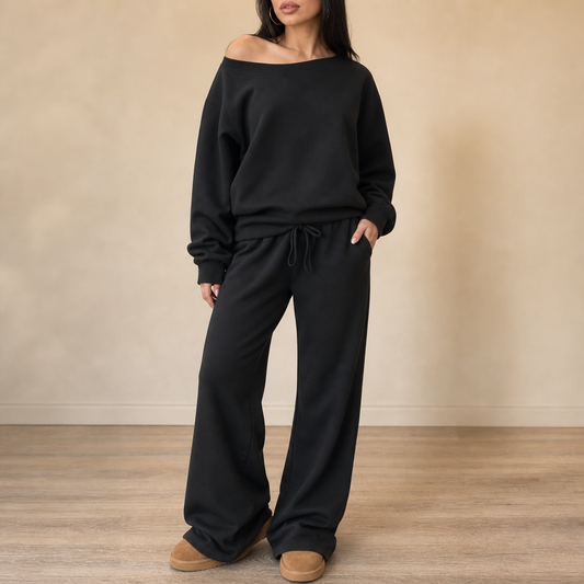 Black lounge set: long-sleeve pullover and wide-leg drawstring pants