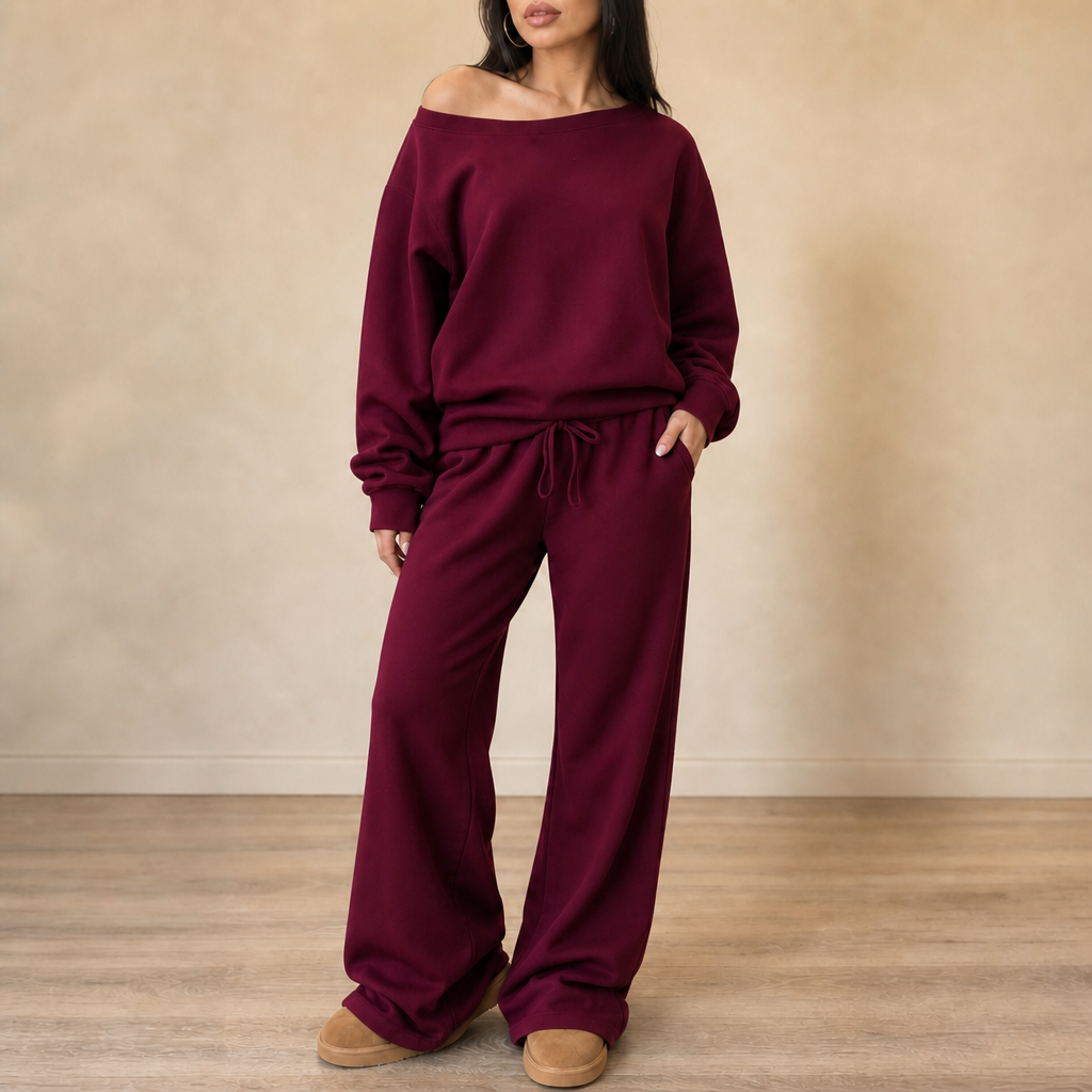 Burgundy lounge set: long-sleeve pullover and wide-leg drawstring pants