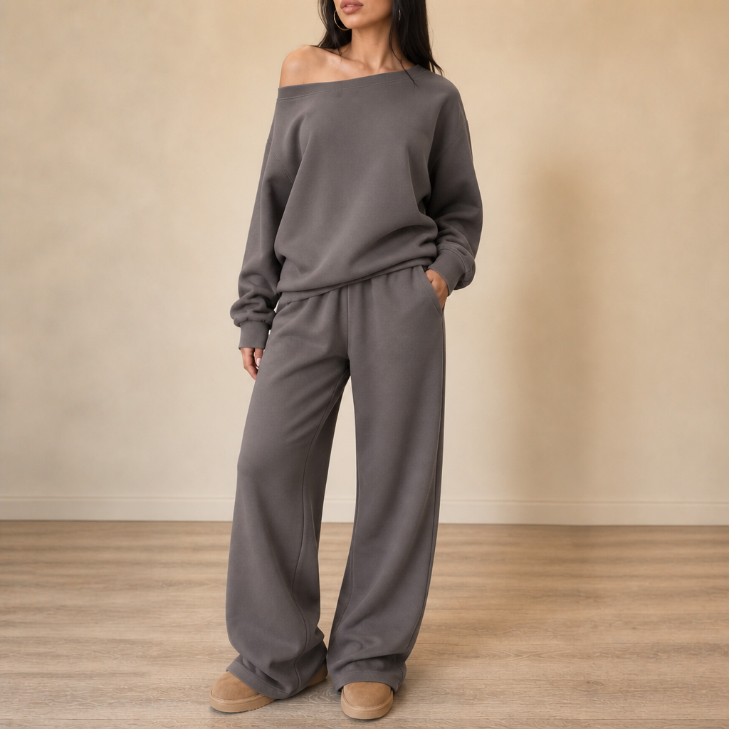 Gray lounge set: loose long-sleeve sweatshirt and wide-leg drawstring pants