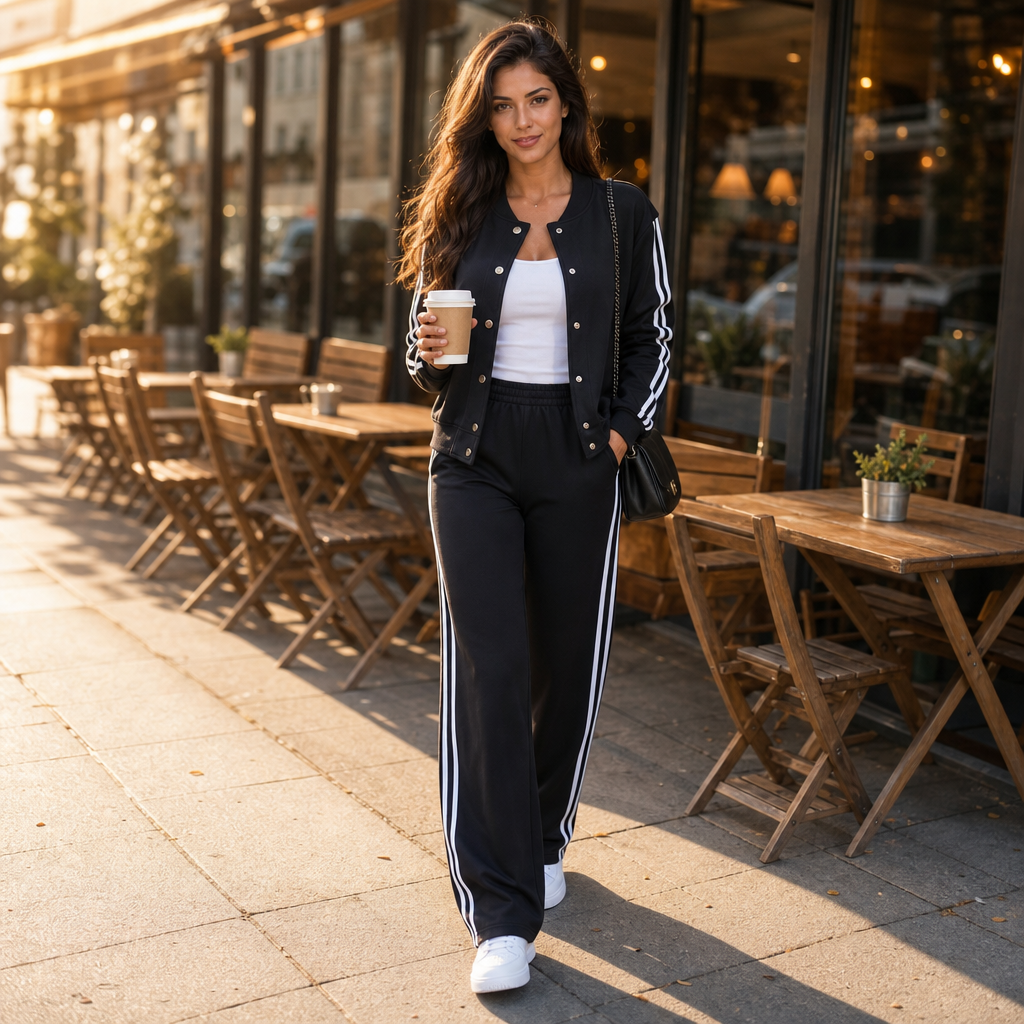 Black contrast-stripe loungewear set with button-front jacket and striped wide-leg pants
