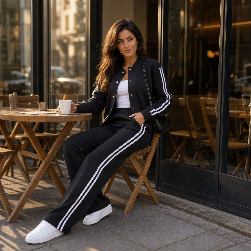 Black contrast-stripe loungewear set with striped sleeves and side-striped wide-leg pants