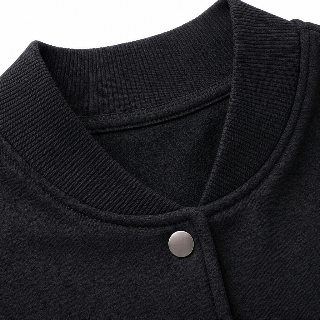 Black button-front jacket neckline with ribbed trim and round snap closure
