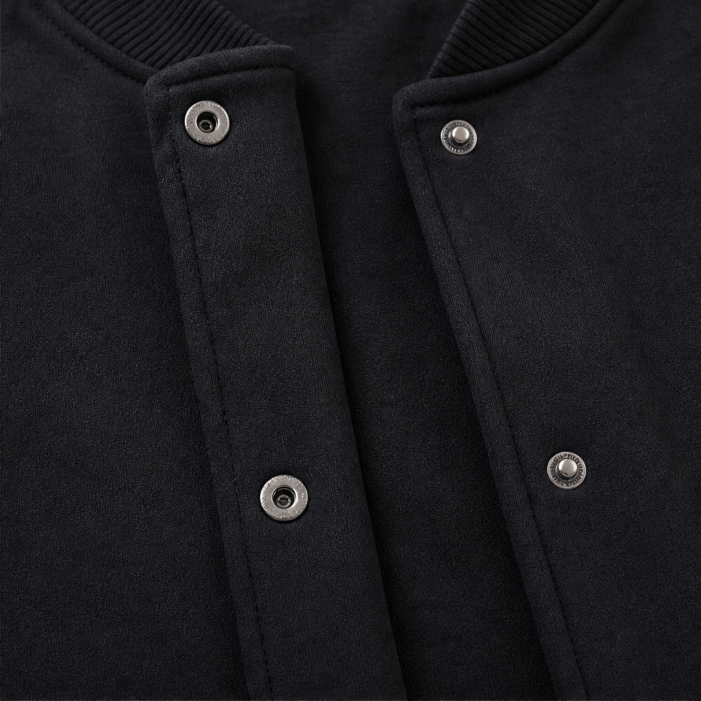 Black jacket front with metal snap buttons and reinforced placket stitching
