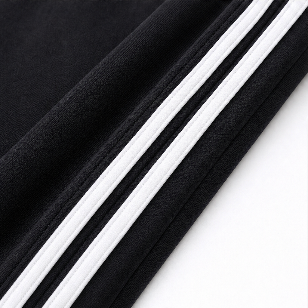 Black pant side stripe trim with two white contrast stripes