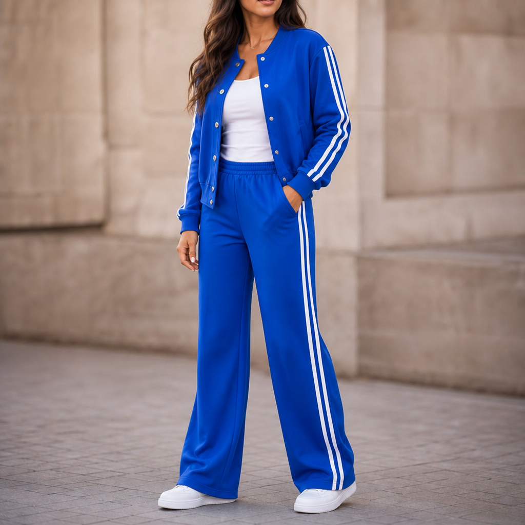 Blue high-waisted wide-leg loungewear set with white side stripes and button jacket