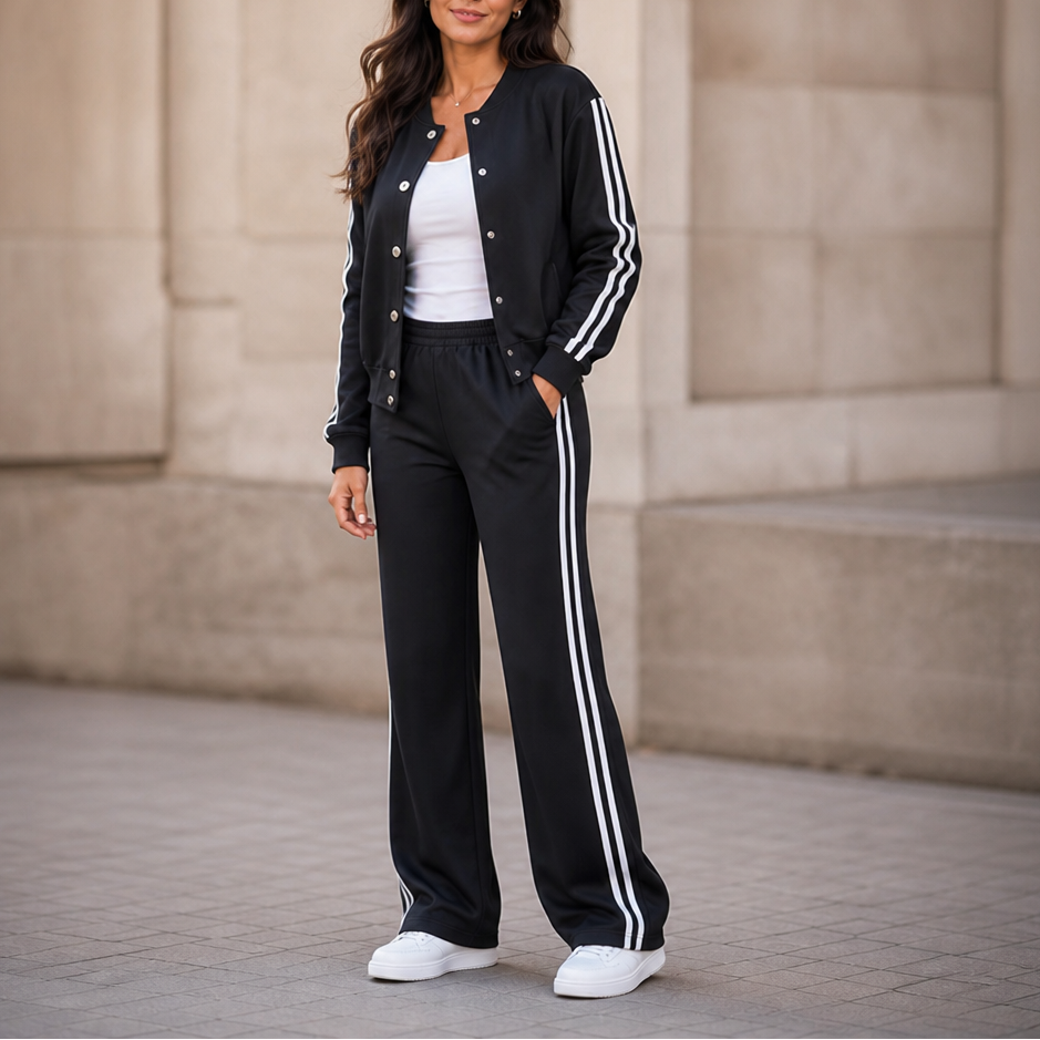 Black high-waisted wide-leg loungewear set with white side stripes and button jacket