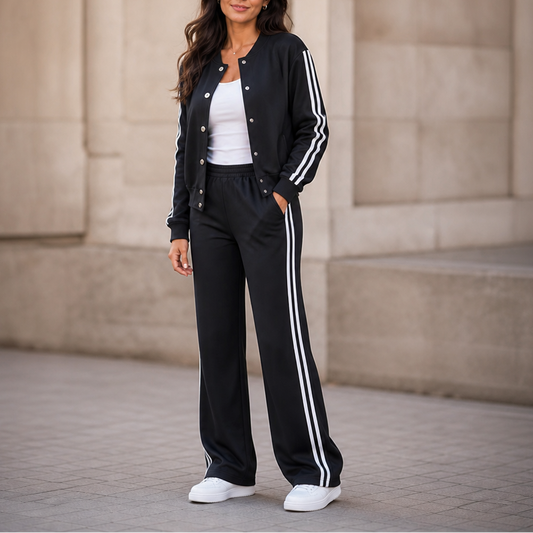 Black high-waisted wide-leg loungewear set with white side stripes and button jacket