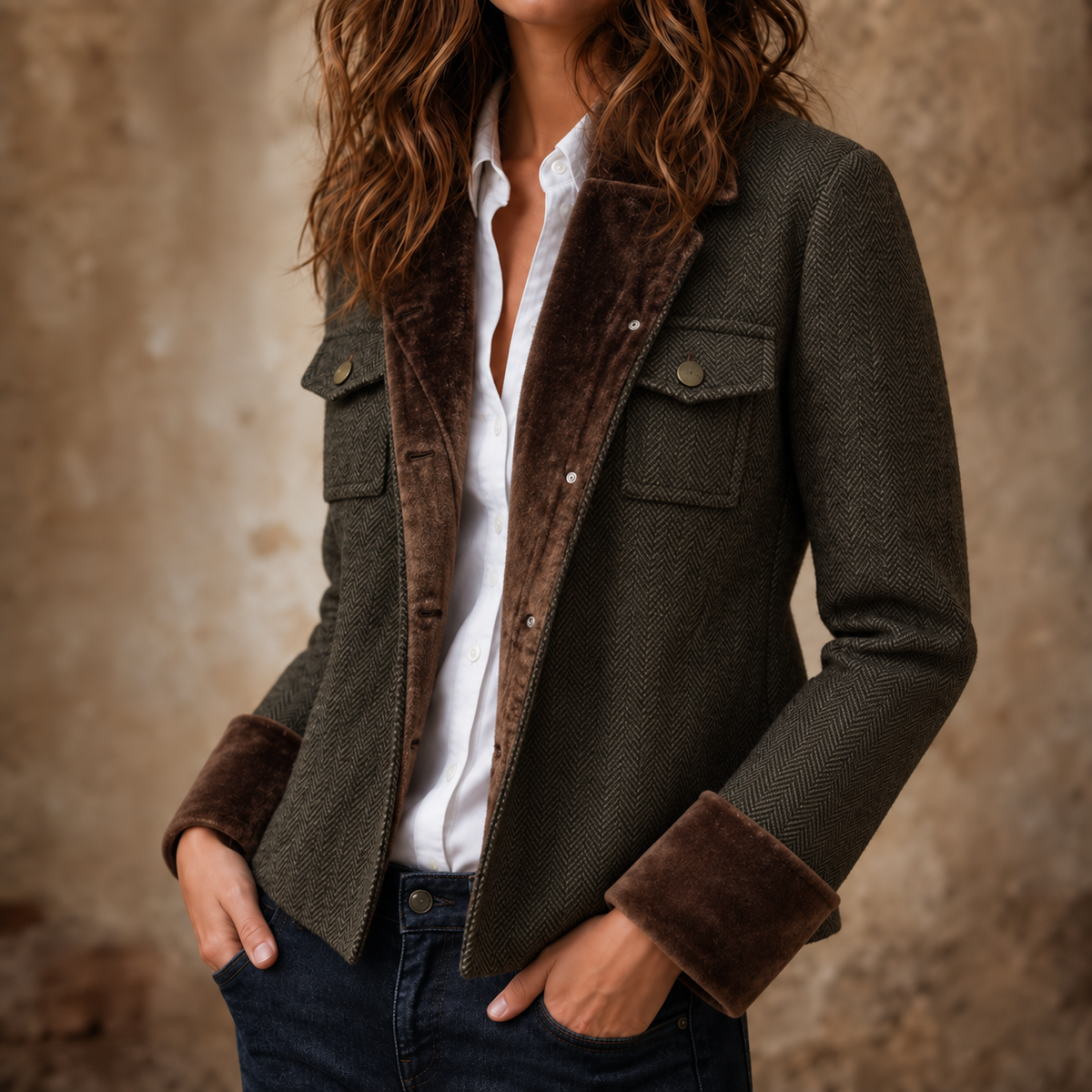 Contrast-Trim Herringbone Structured Blazer