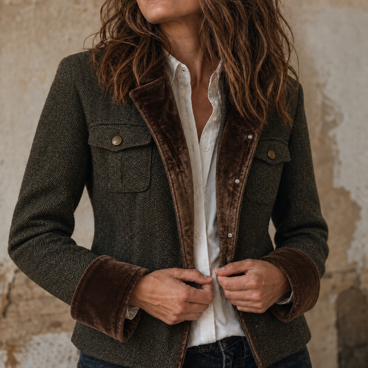 Dark herringbone blazer front with brown velvet collar trim and snap button pockets